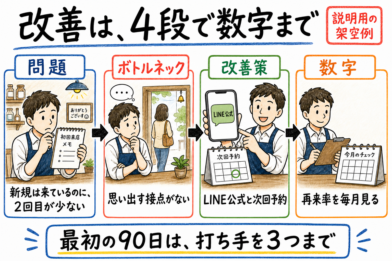 説明用の架空例として、問題、ボトルネック、改善策、数字を左から4段で示す図解
