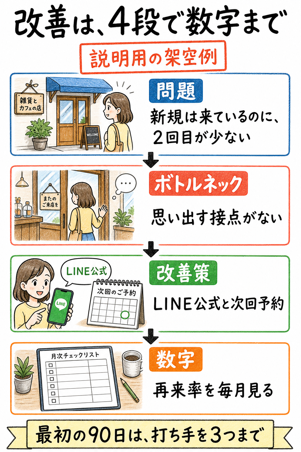 説明用の架空例として、問題、ボトルネック、改善策、数字を上から順に示すスマートフォン向け図解
