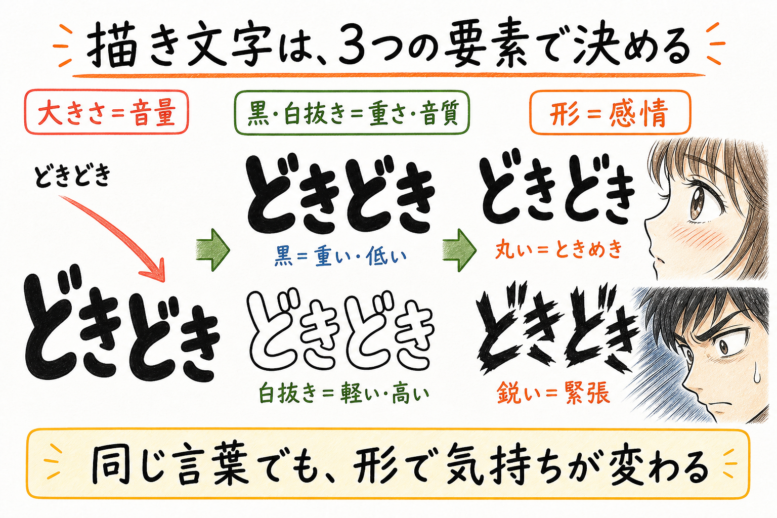 同じどきどきの描き文字を使い、大きさで音量、黒と白抜きで重さや音質、丸い字体と鋭い字体で感情の違いを示した比較図
