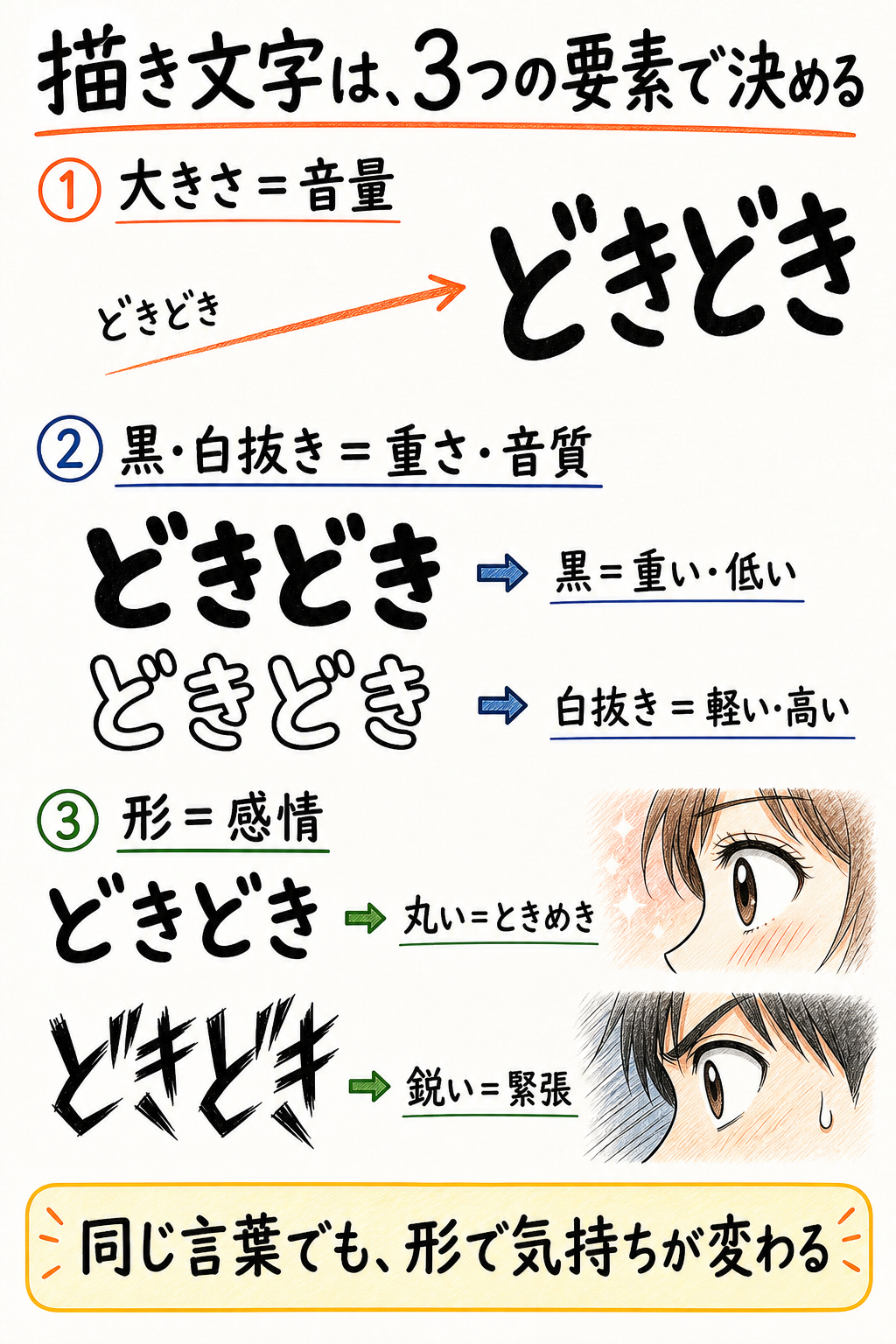 同じどきどきの描き文字を使い、大きさ、黒と白抜き、丸い字体と鋭い字体の違いを上から順に示した比較図