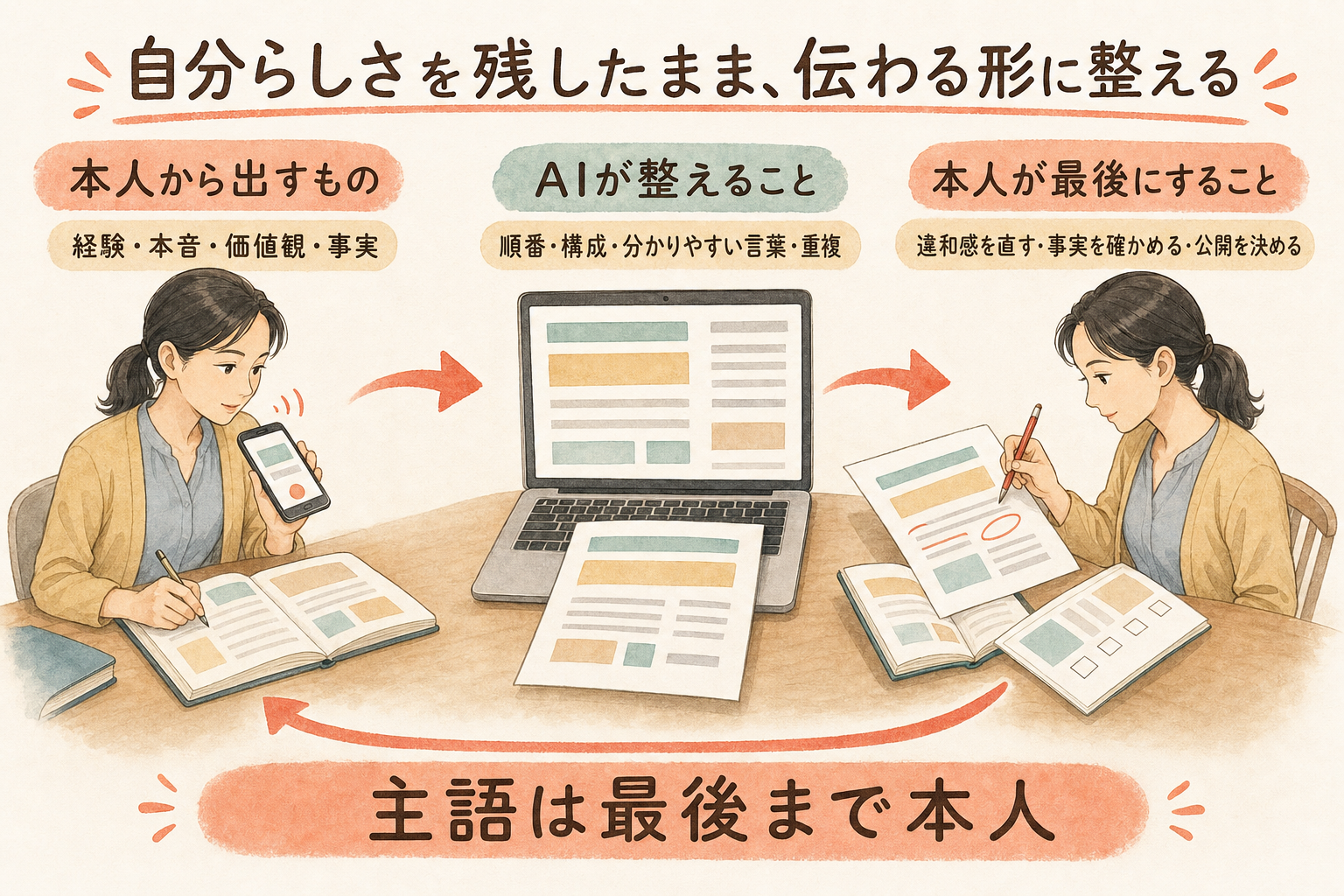 本人の経験や本音をAIが読み手に届く順番へ整え、本人が最後に確認する役割分担の図解