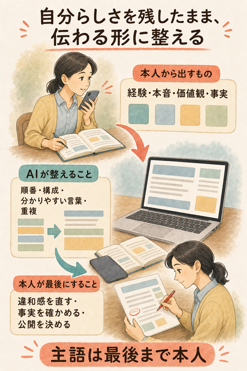 本人の経験や本音をAIが読み手に届く順番へ整え、本人が最後に確認する役割分担の図解