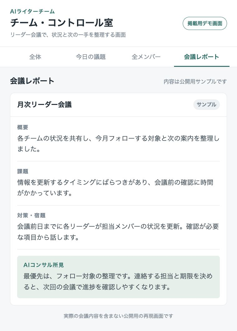 概要・課題・対策と宿題・AI所見で構成された会議レポート画面（公開用ダミー）