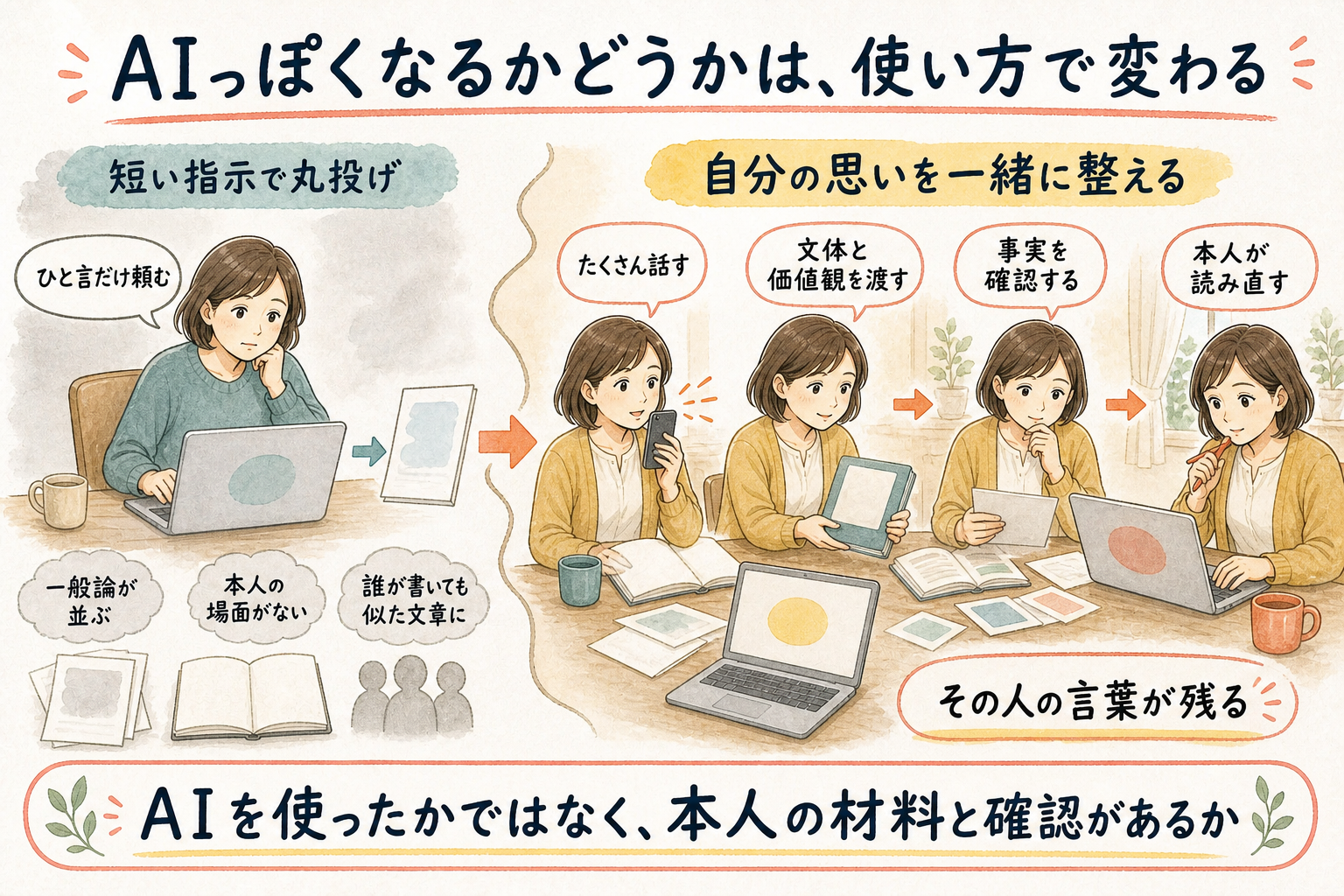 短い指示で丸投げする使い方と、経験や価値観を話して本人が確認する使い方の違いを示す比較図