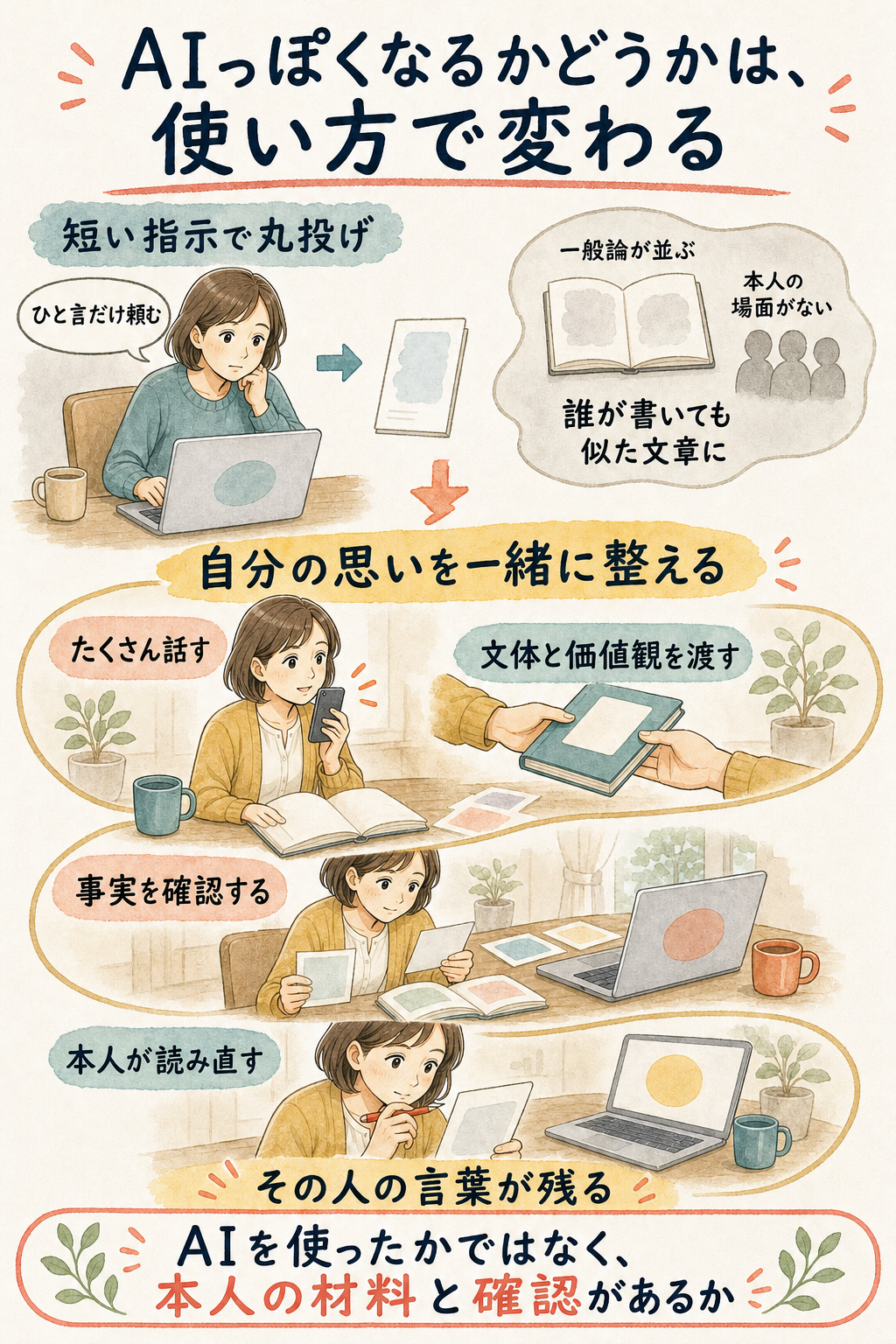 短い指示で丸投げする使い方と、経験や価値観を話して本人が確認する使い方の違いを示す比較図