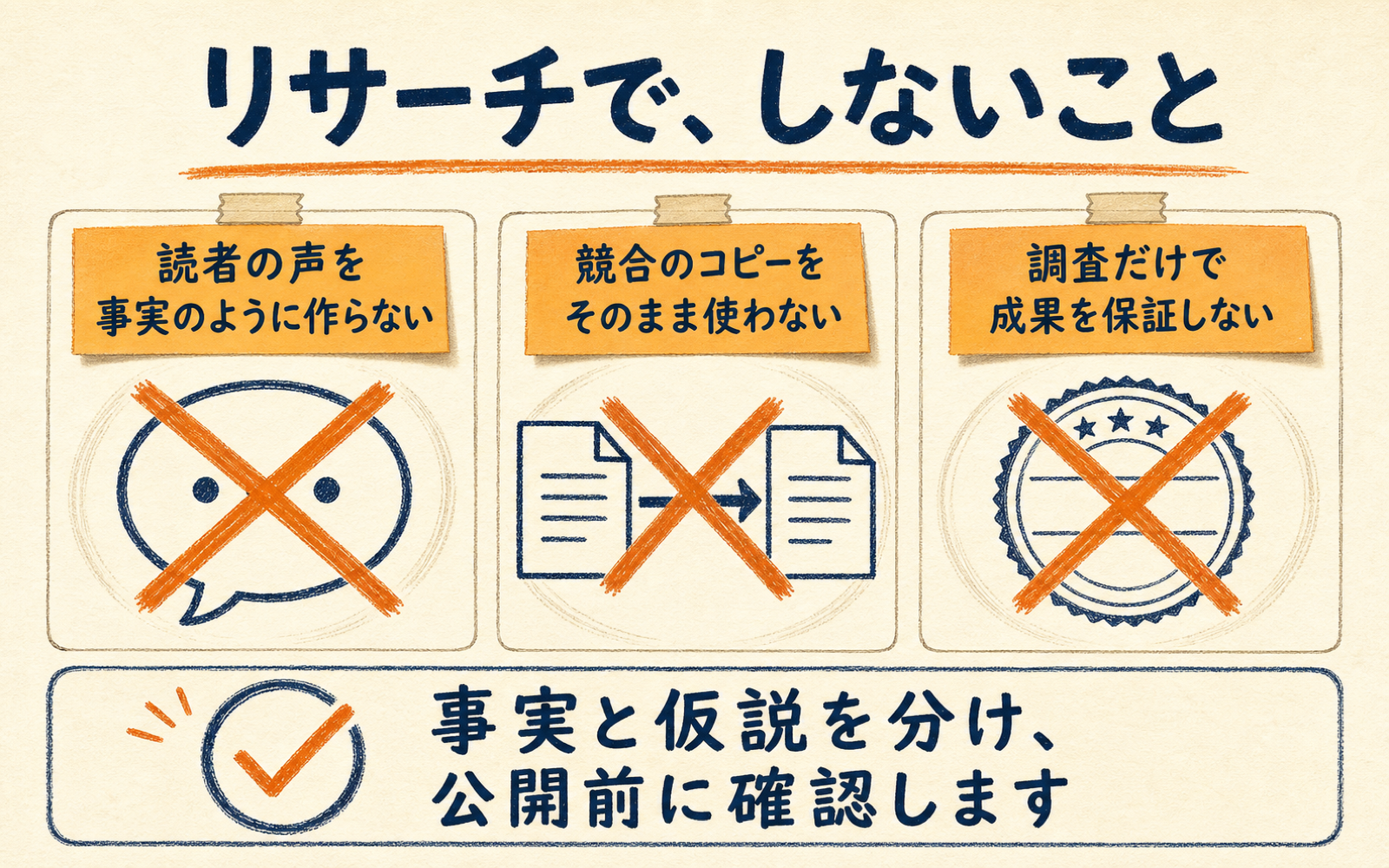 架空の読者の声、競合コピーの流用、成果保証を避け、事実と仮説を分けるリサーチ方針
