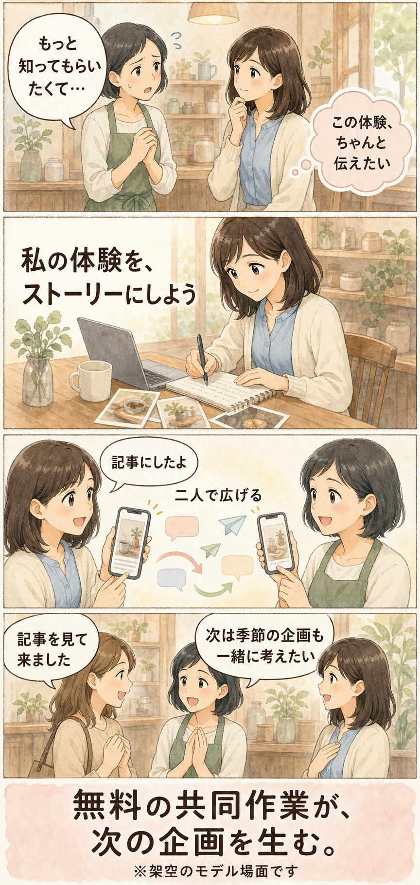 応援したい相手の想いを記事にし、次の相談へつなげる架空のモデル4コマ