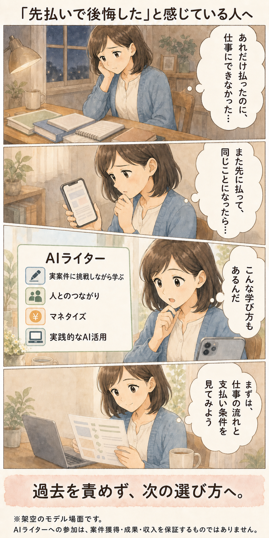 高額講座への先払いを後悔した人が、次は仕事と支払い条件を確かめて選ぼうとする4コマ漫画