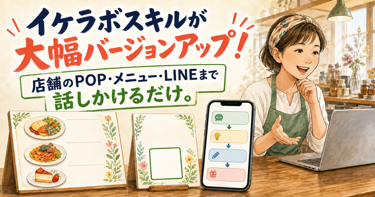 Ikelabo Skillsが大幅バージョンアップし、店舗のPOP・メニュー・LINEまで話しかけるだけで作れることを伝える記事専用画像