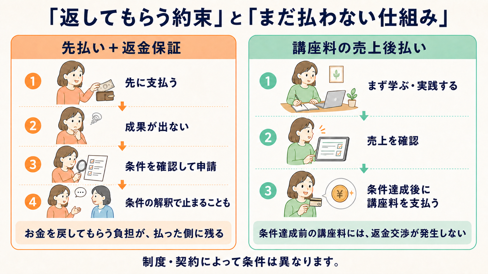 先払いと返金申請の流れ、講座料の売上後払いの流れを比較した図