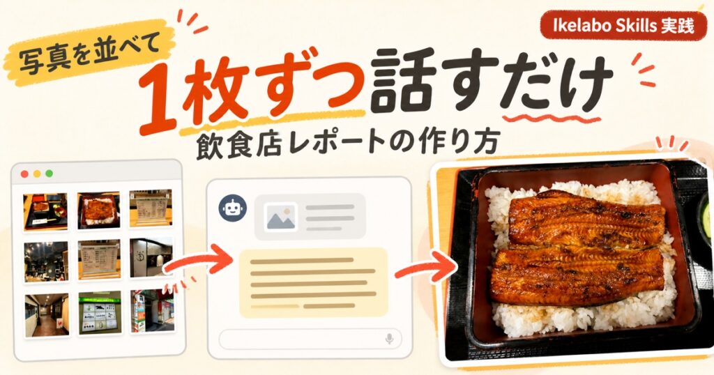 【写真を並べて1枚ずつ話すだけ】飲食店の体験レポートをIkelabo Skillsで作る方法
