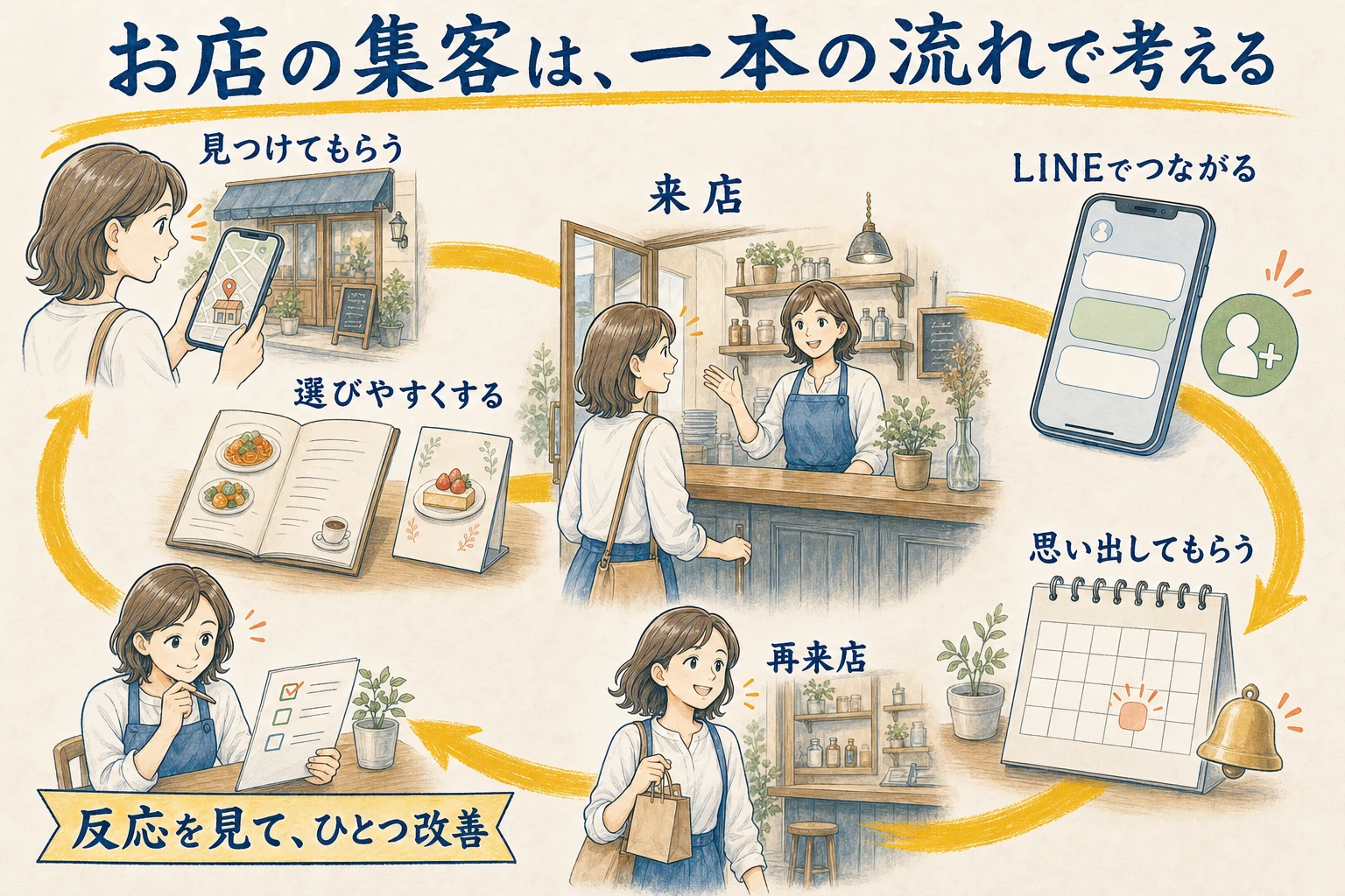 お店を見つけてもらうところから、選びやすくし、来店、LINE、再来店、改善までを一つにつなぐ店舗集客の循環図