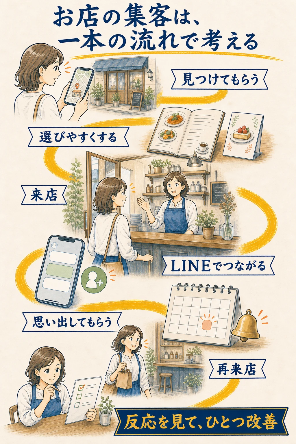 お店を見つけてもらうところから、選びやすくし、来店、LINE、再来店、改善までを縦につなぐスマートフォン向け店舗集客の循環図