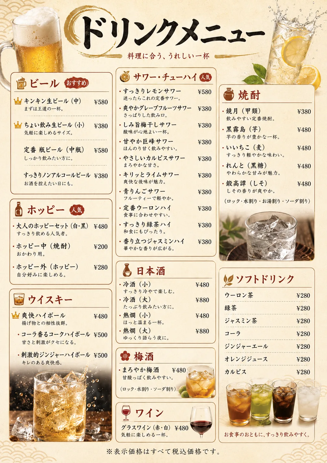 AIによる改善案：種類ごとに整理した居酒屋ドリンクメニュー