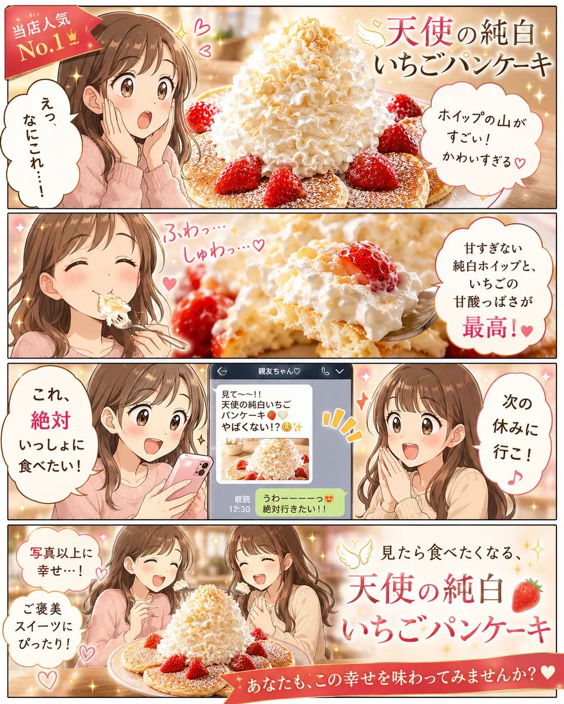 AIによる制作イメージ：いちごパンケーキの魅力を伝える4コマ漫画