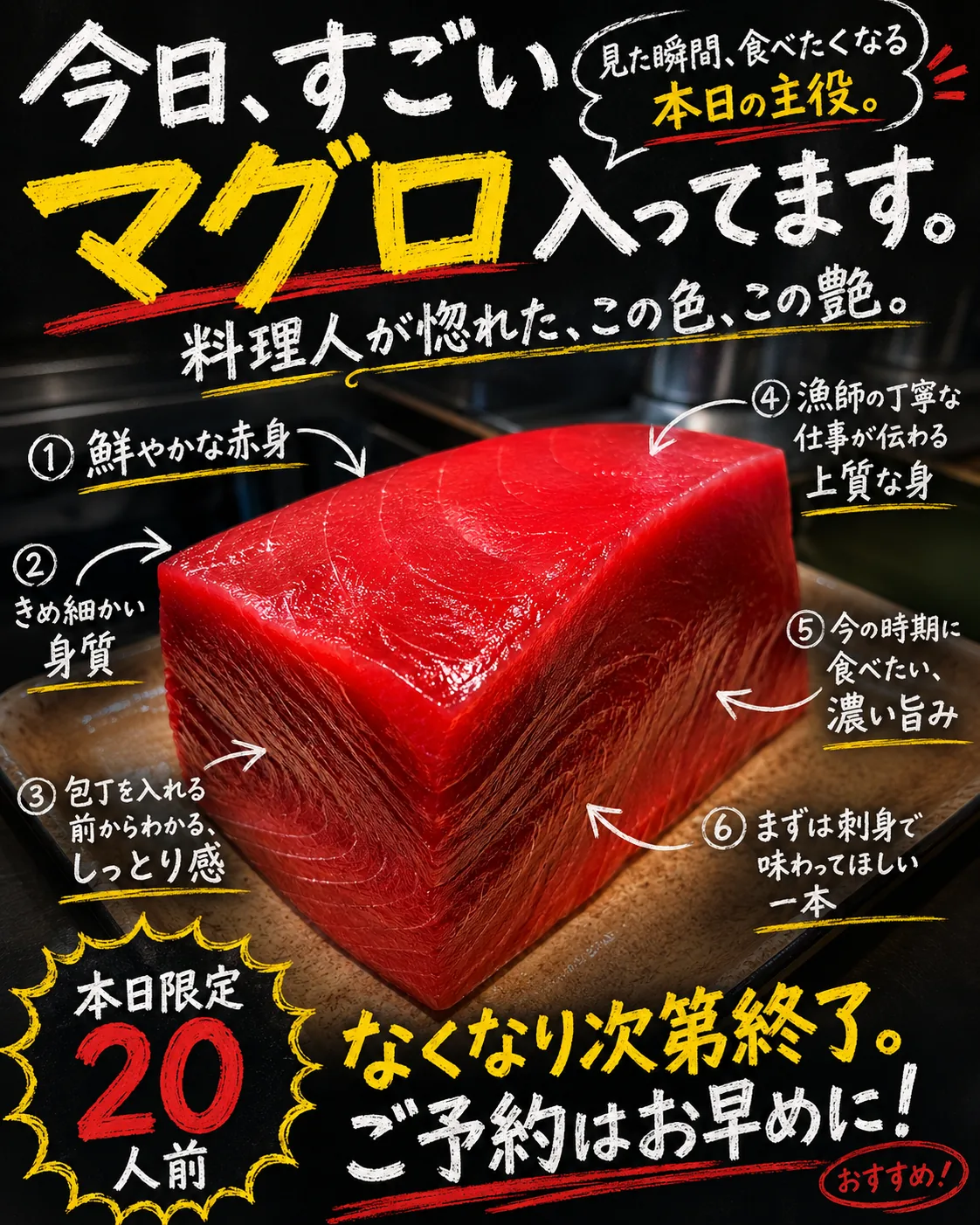 AIによる制作イメージ：本日のまぐろ入荷を伝えるチョーク風配信画像