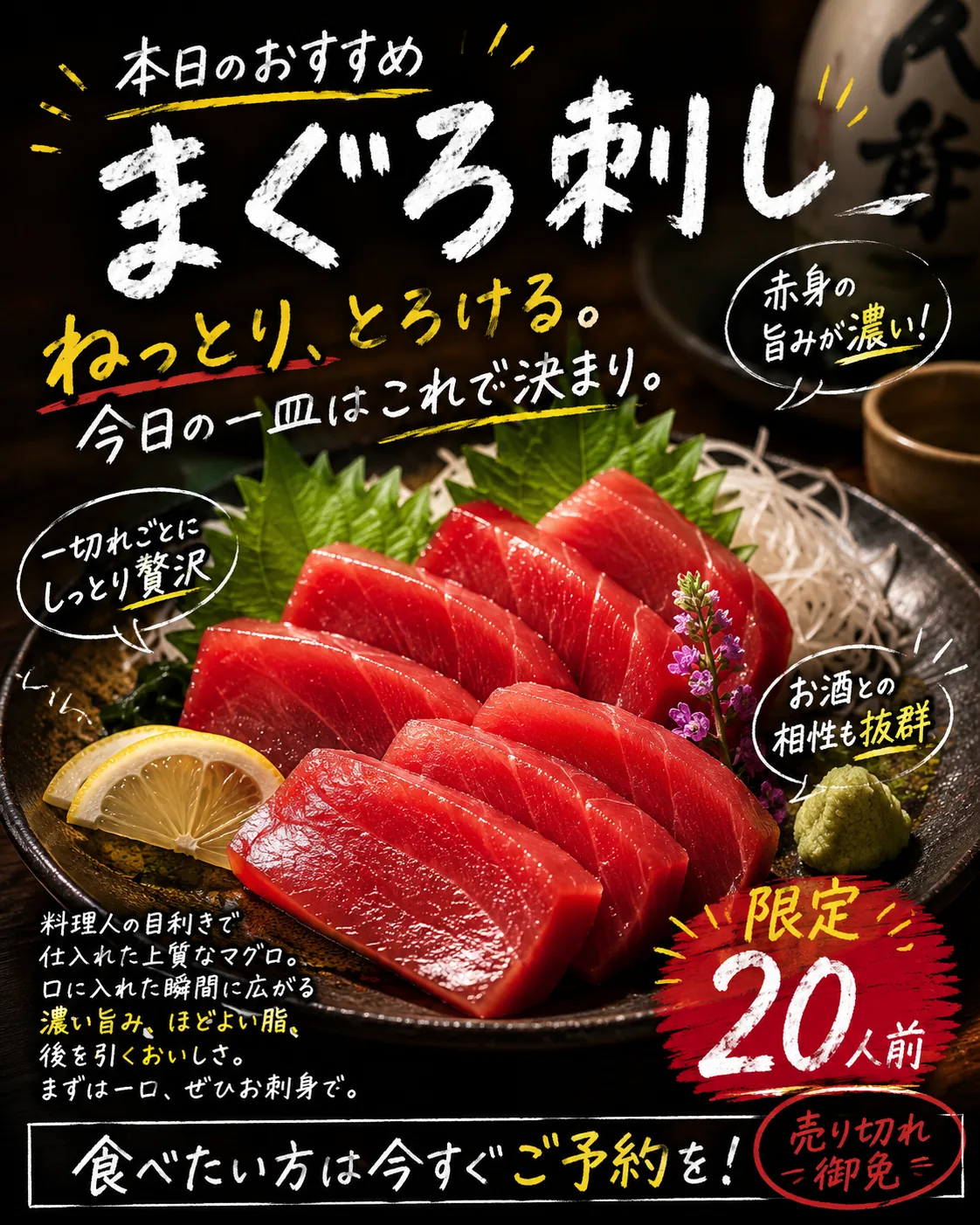 AIによる制作イメージ：まぐろ刺しの限定案内を伝えるチョーク風配信画像