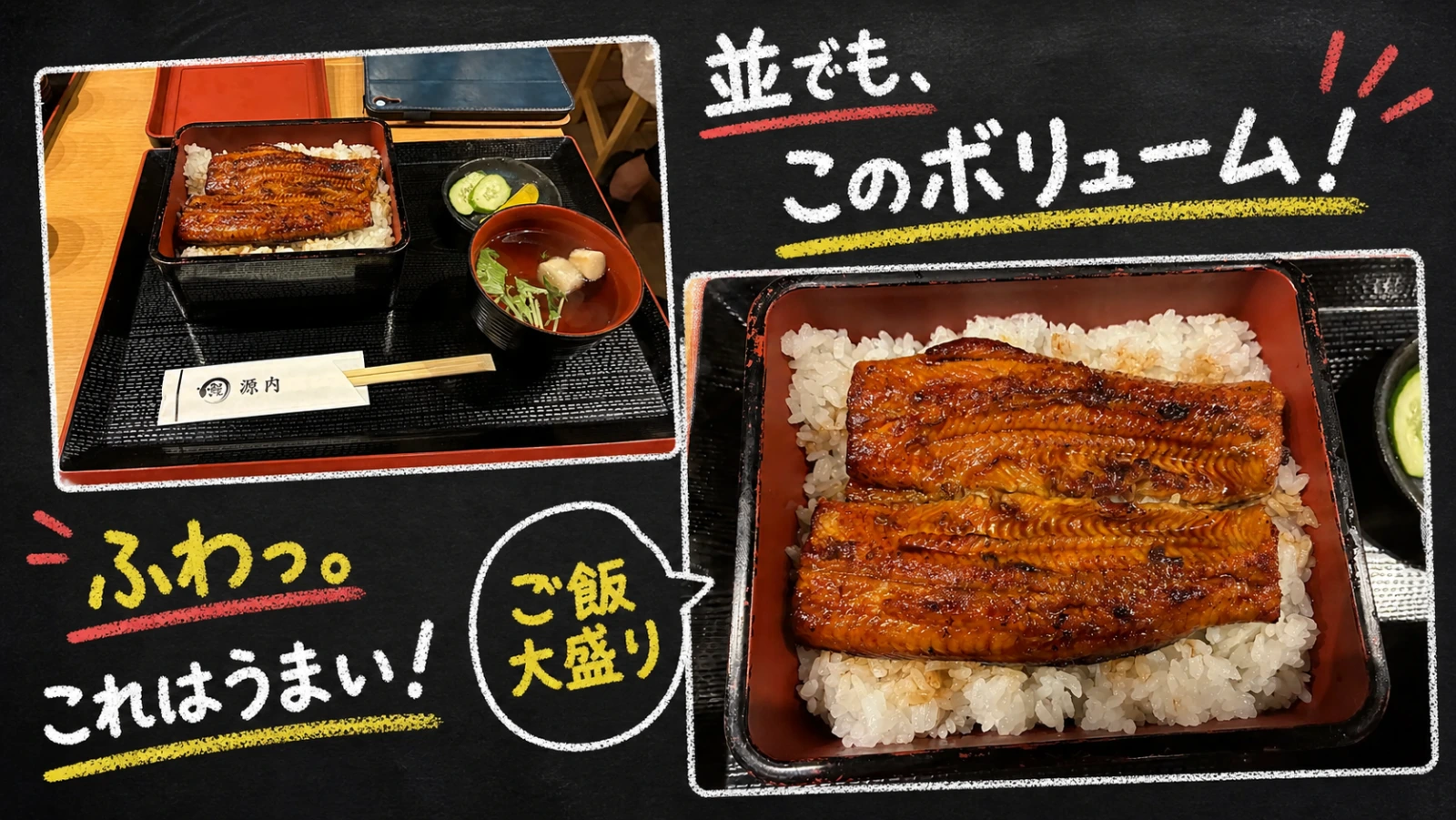 実際のうな重写真を変えず、並でも十分なボリューム、ご飯大盛り、柔らかさ、おいしさをチョーク文字で伝えたコラージュ